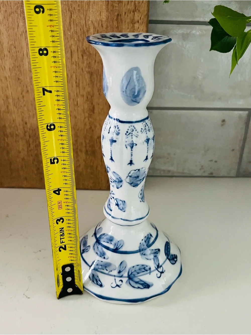 Hand Painted Blue and White Floral Porcelain Candlestick Candle Holder